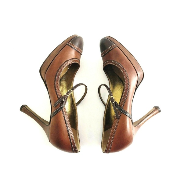 Dolce Gabbana 38 Two Tone Brown Leather Heels Wood - Picture 6 of 8